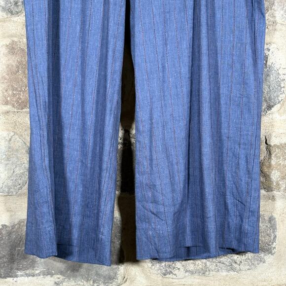 J. Jill Linen Stretch Pants Women Large Blue Brown Stripe Wide Leg Belted - Picture 3 of 14